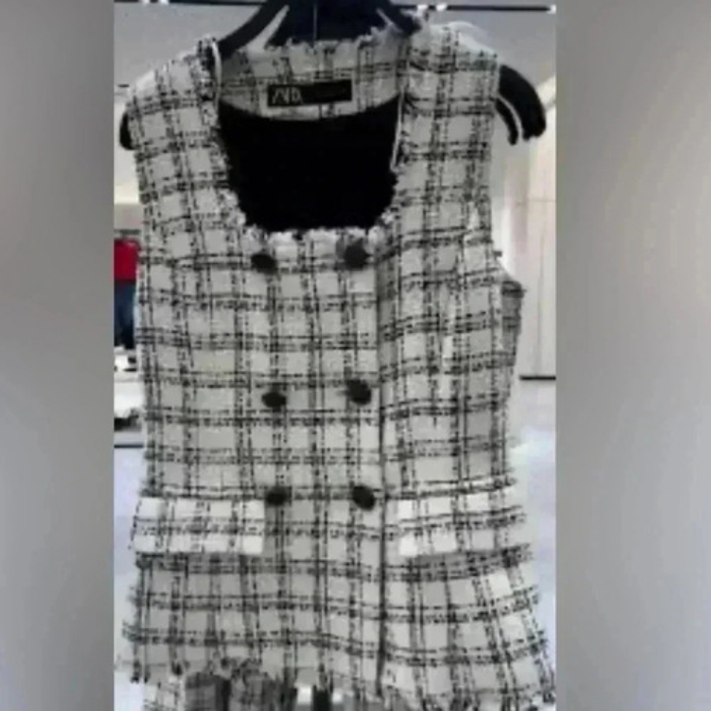 ZARA Textured Plaid Waistcoat Vest Ecru/black BNWT. - Picture 7 of 16